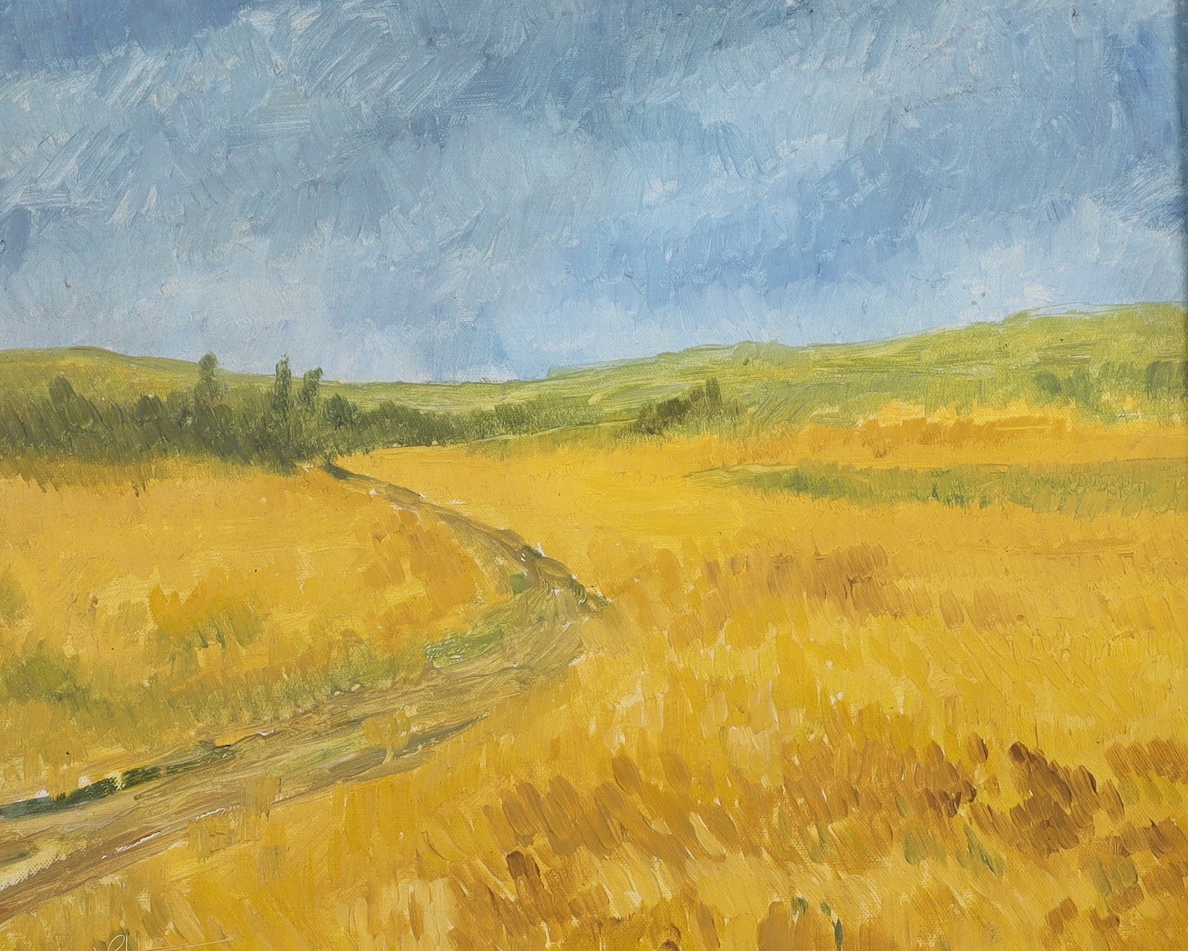 Modern British, oil on canvas, Cornfield in summer, indistinctly signed Neil S.., 24 x 28cm
